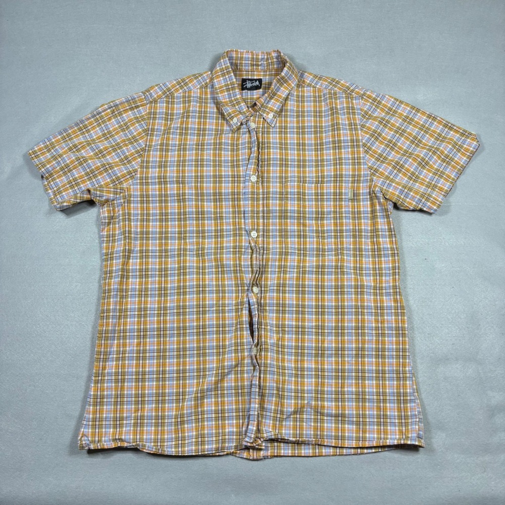 Stussy Mens Large Short Sleeve Plaid Button Down Shirt Orange Blue Made in USA